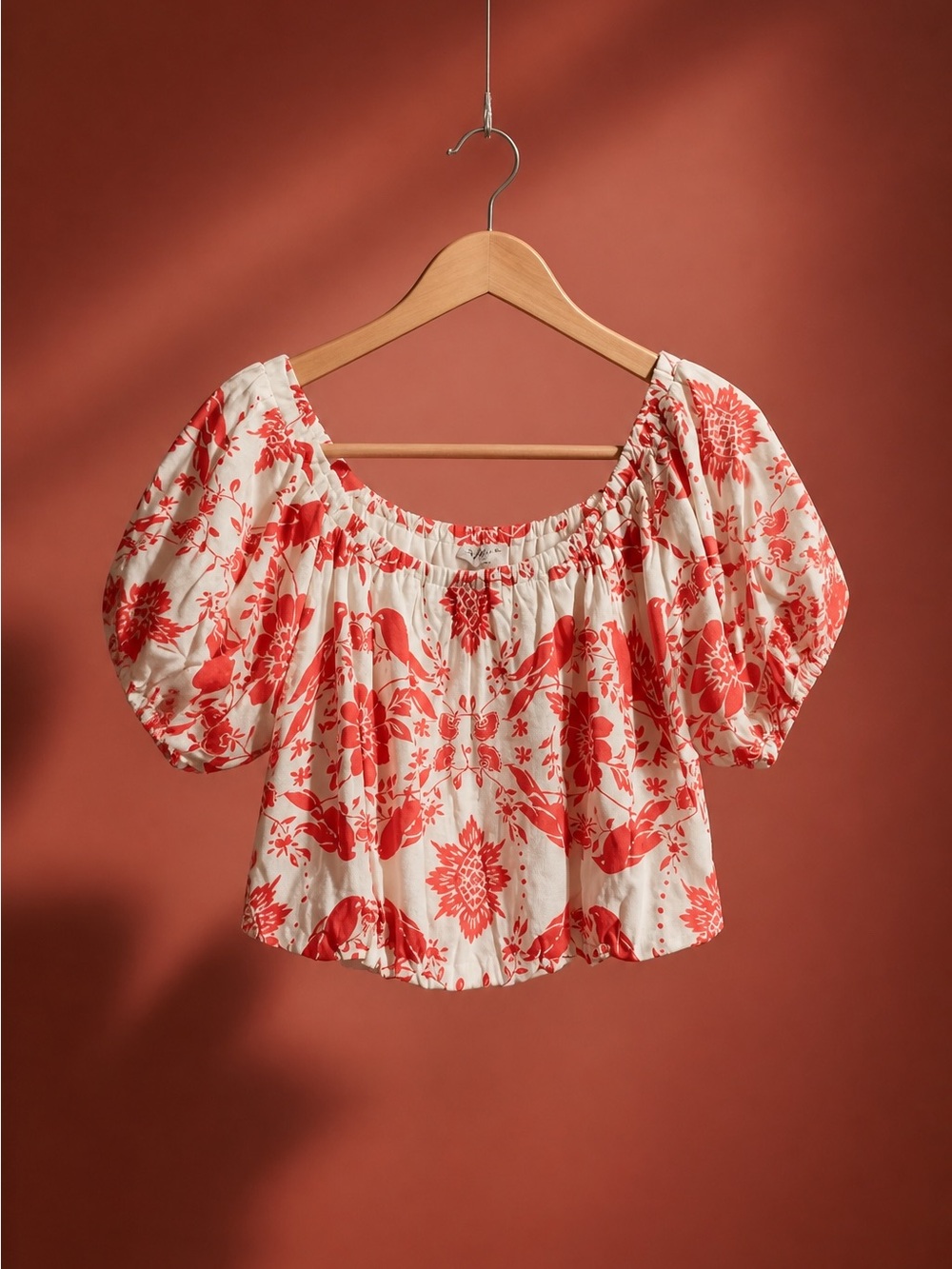 Blu Pepper Coral Floral Puff-Sleeve Bubble Hem Crop Top